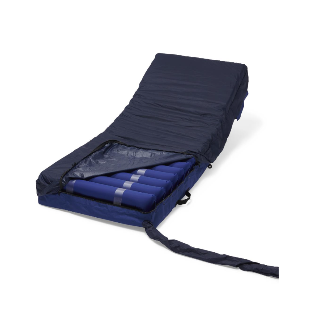 The Medline A10 LAL / Alternating Pressure Mattress System is a dark blue low air-loss mattress with adjustable incline and a partially open cover showing blue air cells, designed for effective pressure injury prevention.